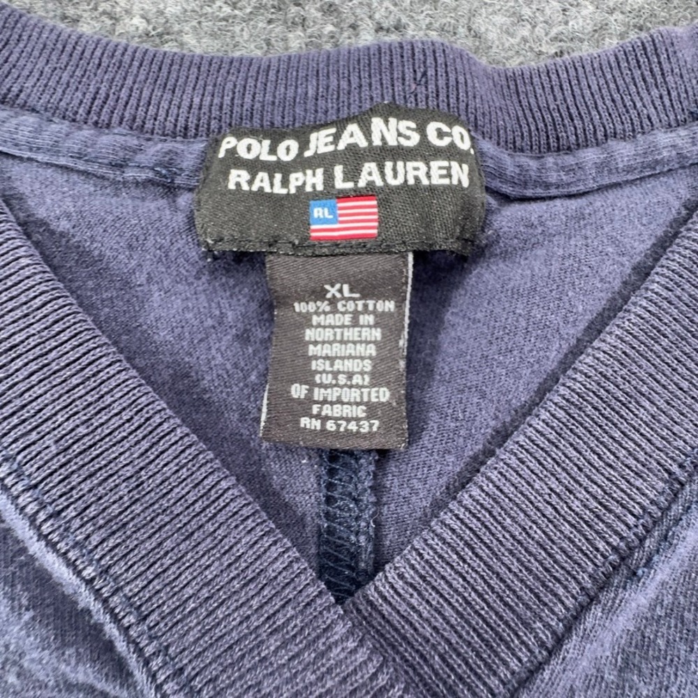 Polo Jeans Co Ralph Lauren Mens XL V-Neck Graphic T-Shirt Navy Blue Cotton - Picture 5 of 6